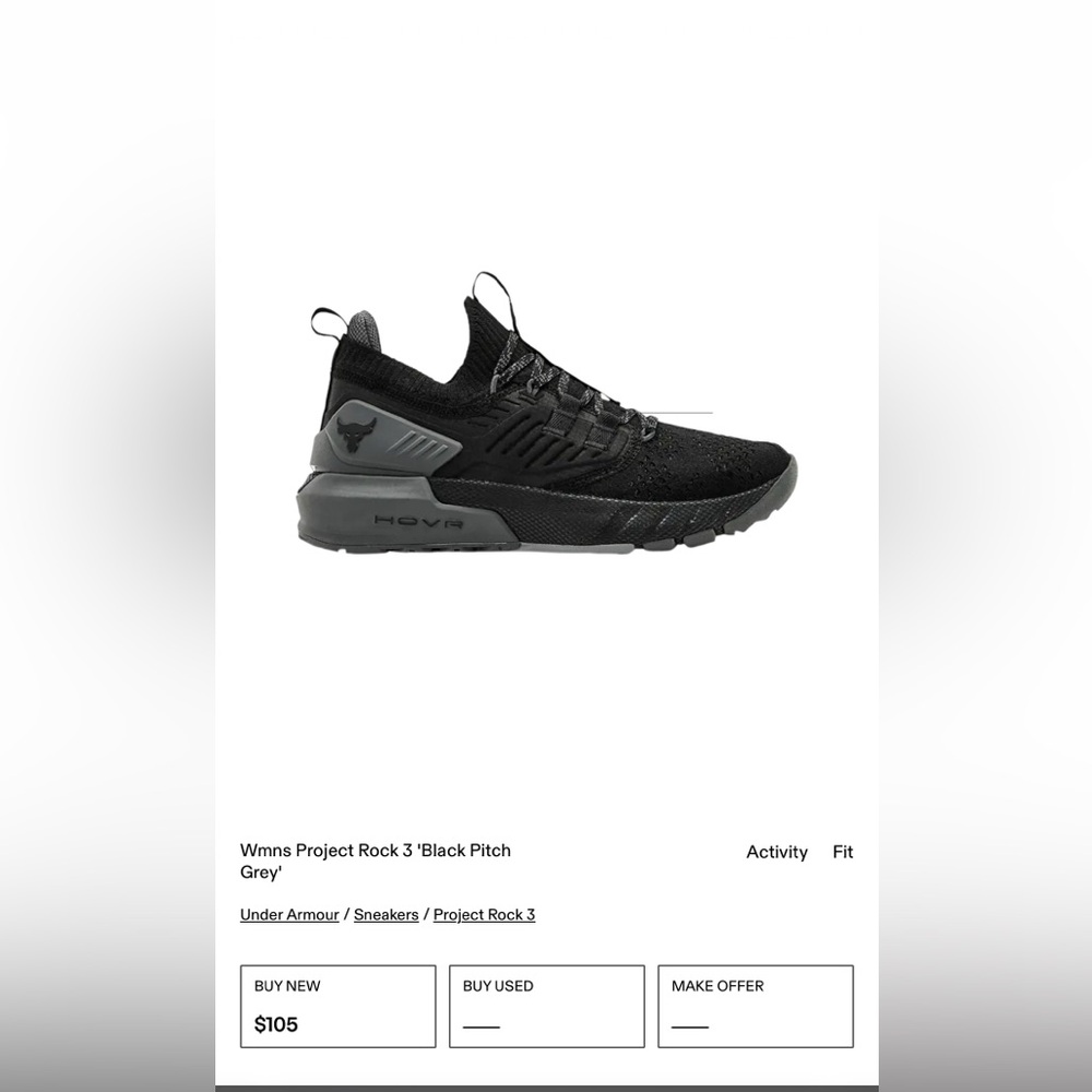 Under Armour UA HOVR Tribase Wonens Size 6.5 Project Rock 3 Black Training Shoes